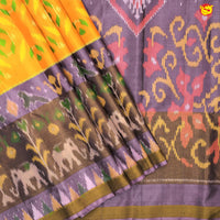 Pochampally Silk Saree Orange and Dark Lavender with Allover Ikat Weaves and Ikat Style Zari Woven Border