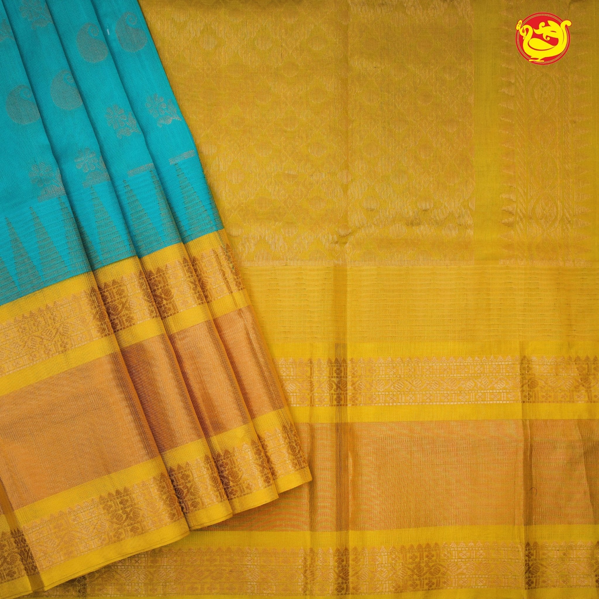 Sky blue with yellow pure silk cotton saree