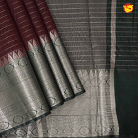 Dark Maroon With Bottle Green Stripes Design Semi Silk Blend Saree With Double Blouse Concept