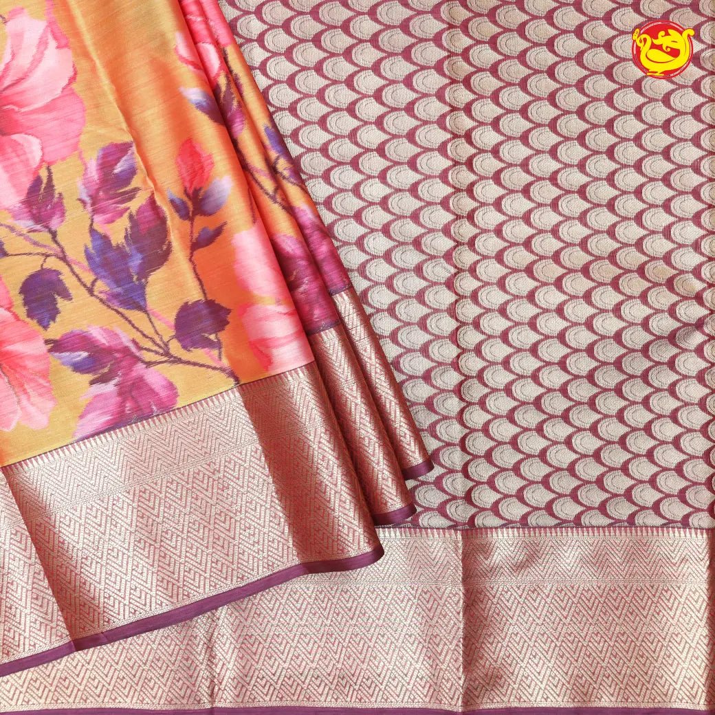 Yellow With Maroon Digital Print Soft Silk Saree