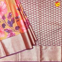 Yellow With Maroon Digital Print Soft Silk Saree - Thenianantham