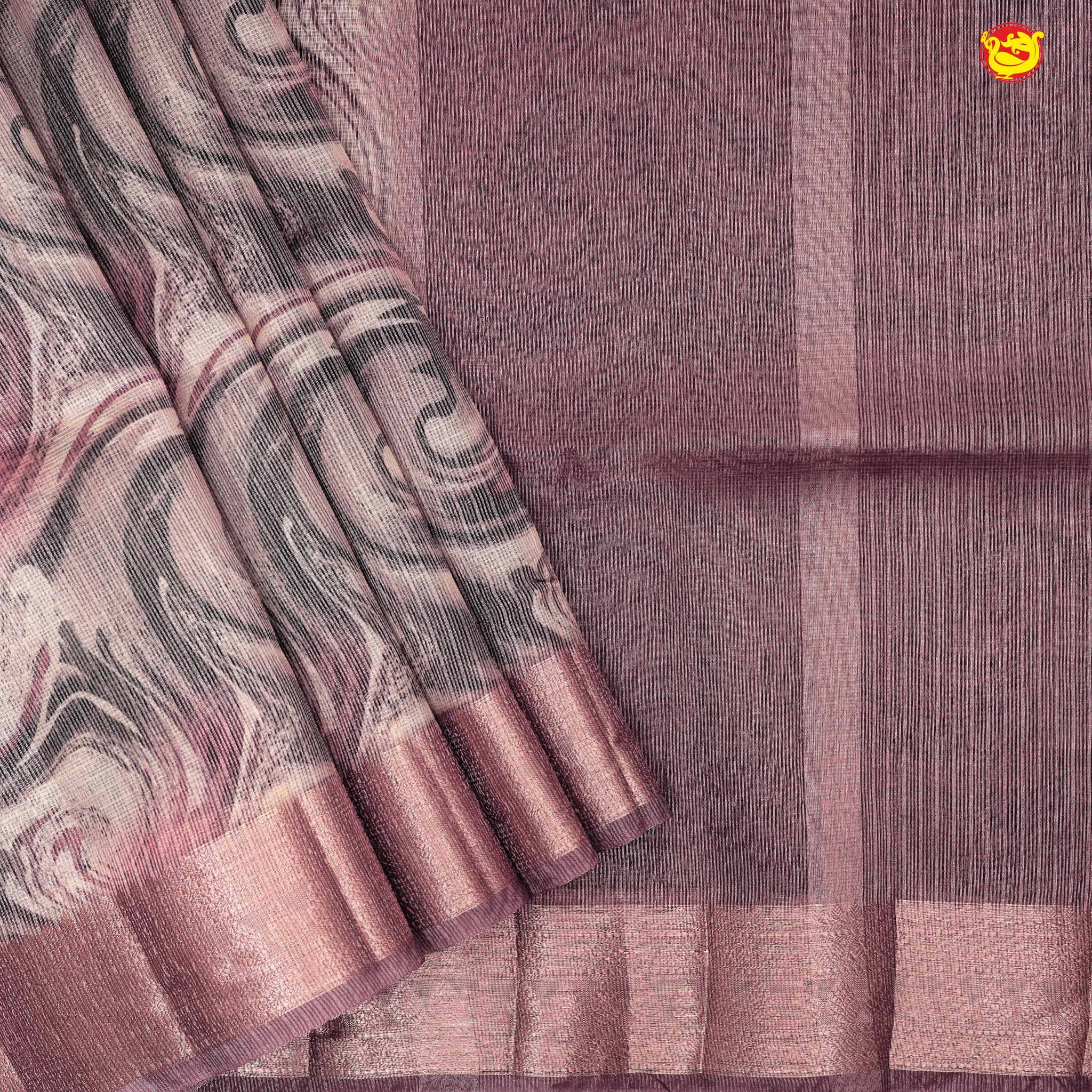 Dark Onion Pink with Gold Zari Border Tissue With Digital Prints saree