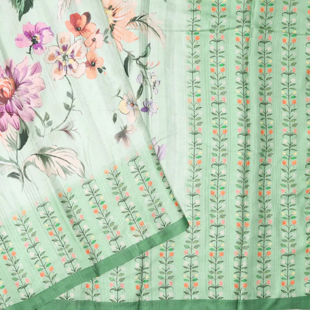 Pastel green floral design Semi Chanderi Silk Saree