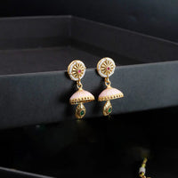 Necklace with jhumkas pair with polki work and pastel pink electroplating