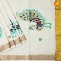 Southloom Exclusive Onam Kasavu Saree With Peacock Design High Quality Embroidery Across Body (Matching Plain Blouse Included) - Thenianantham