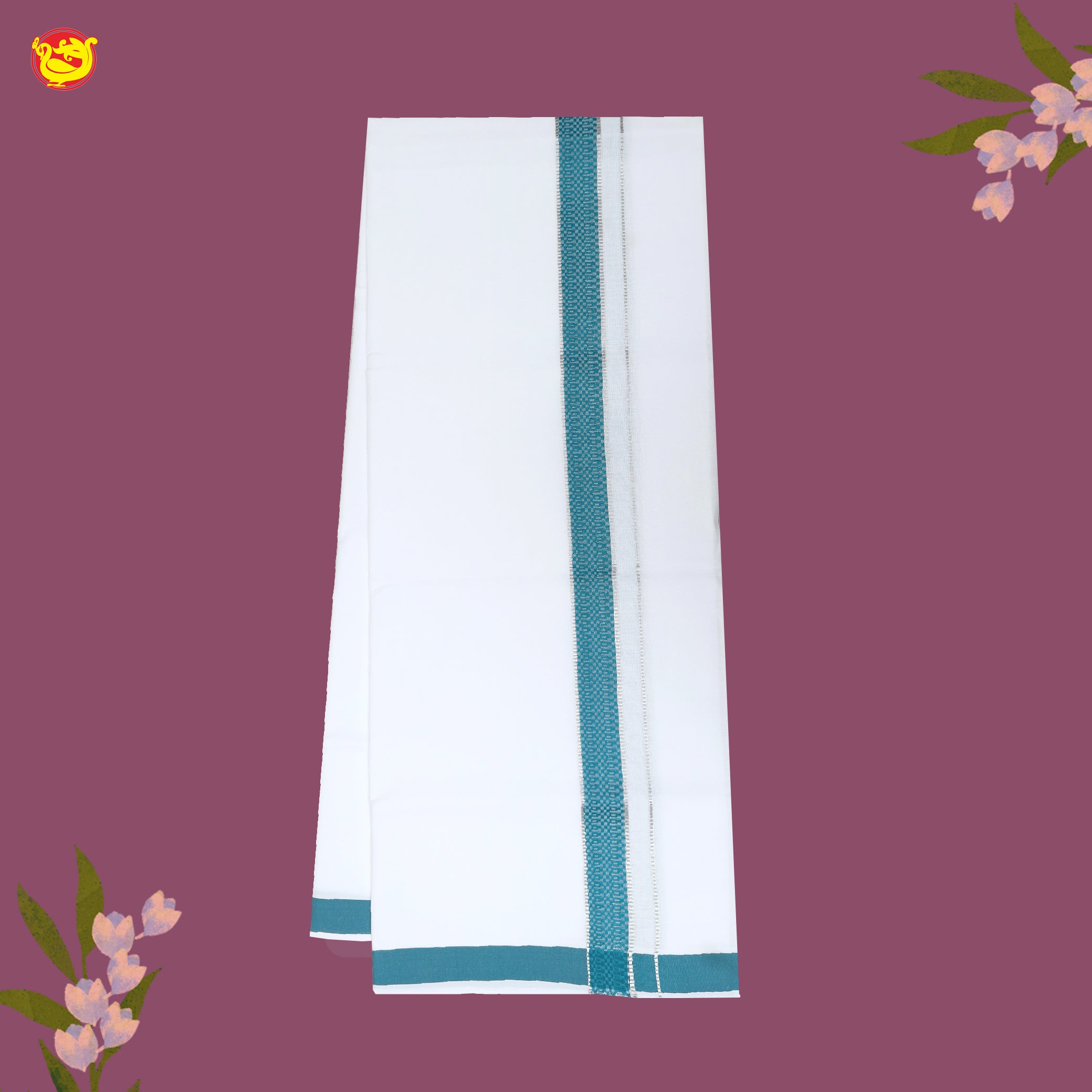 White with Light Yale Blue Fancy Border Single Layer Cotton Men’s Dhoti