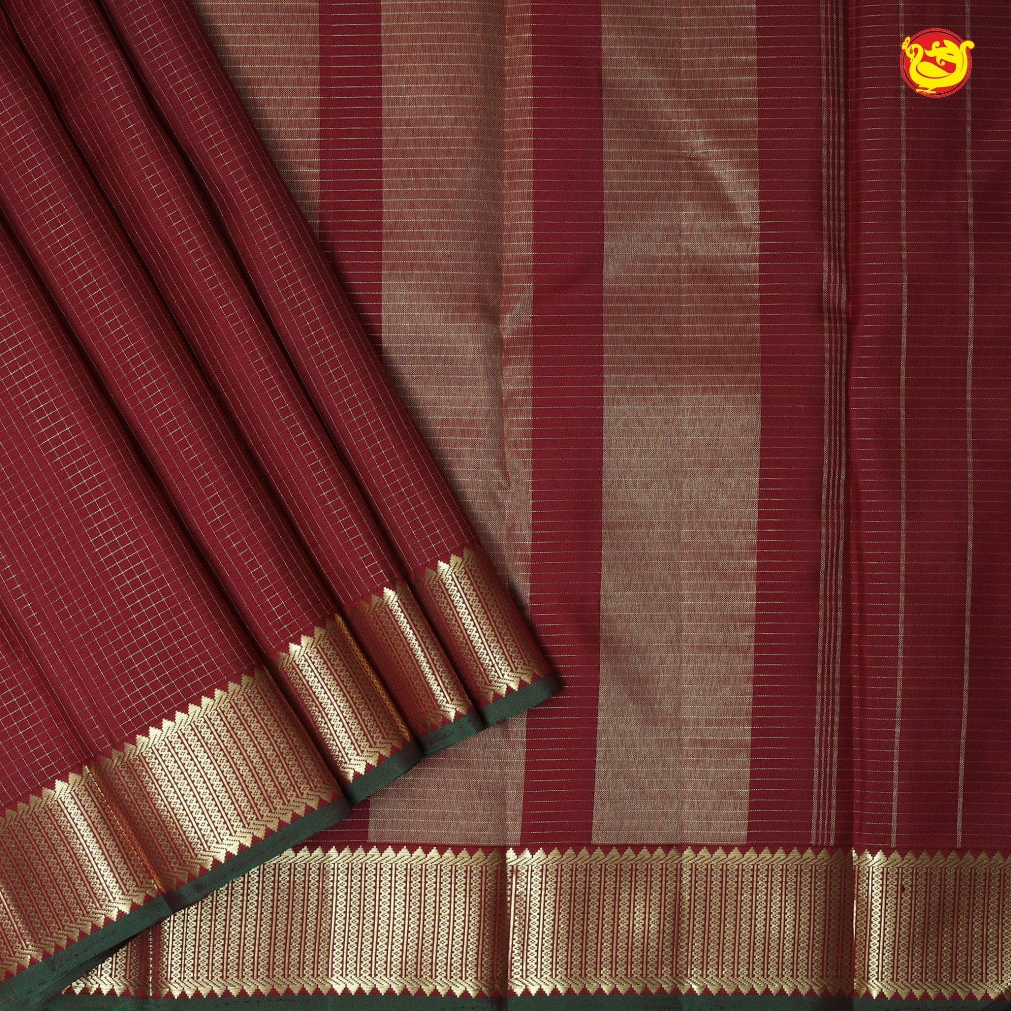 Maroon With Olive Green Checked Motifs Gold Zari Strips Border Pure Kanjivaram Subhalaya Soft Silk Saree