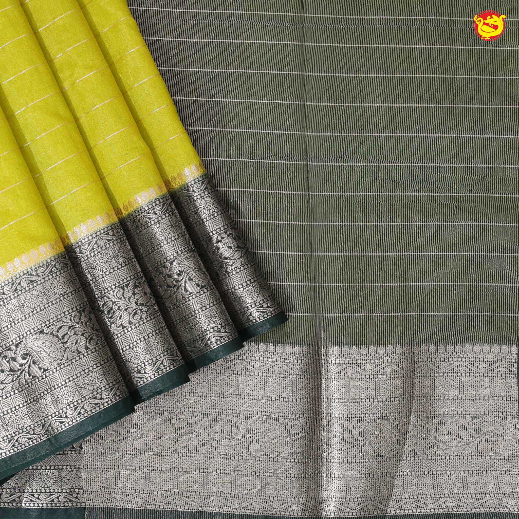 Mustard Yellow With Bottle Green Stripes Design Semi Silk Blend Saree With Double Blouse Concept