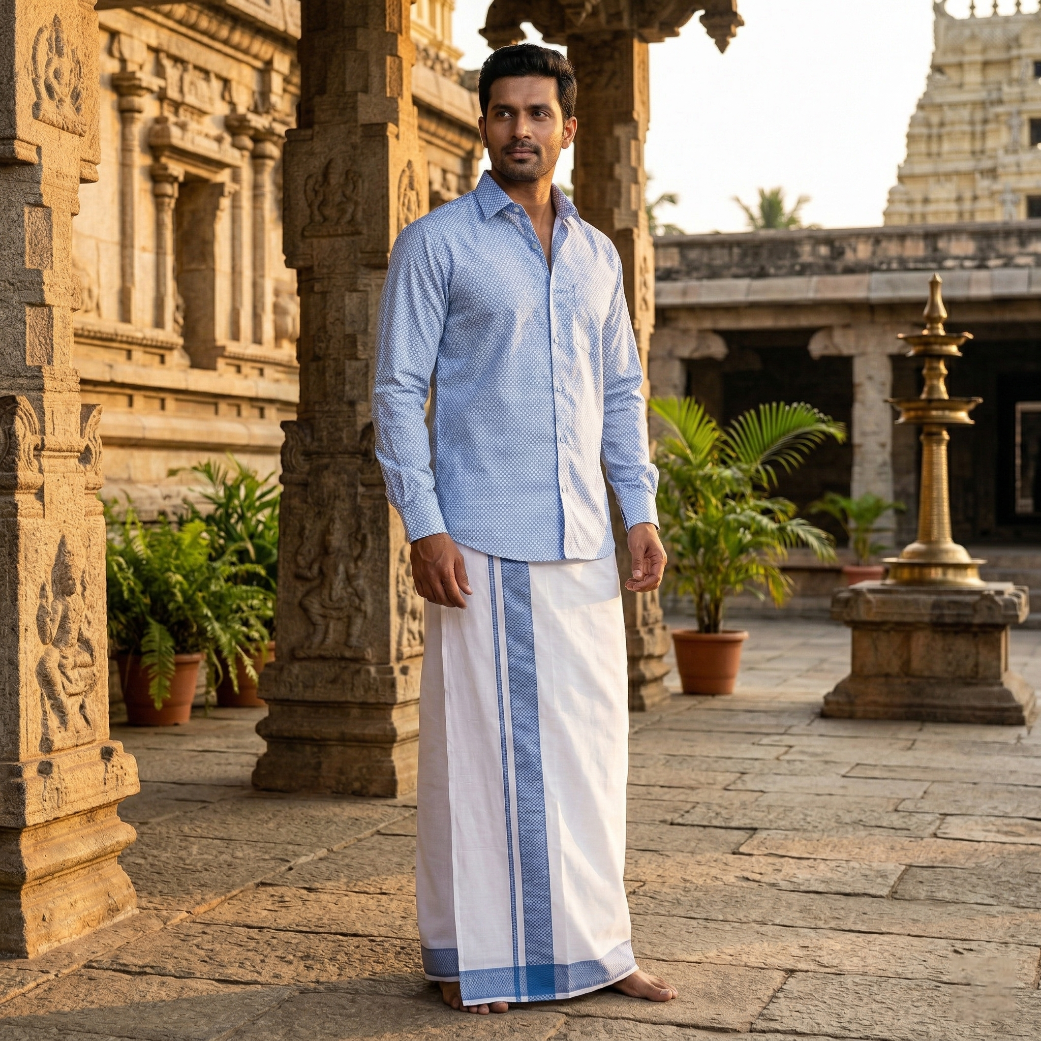 Blue With White Dhoti Readymade Small Checked Shirt And Matching Border Dhoti Set for Men