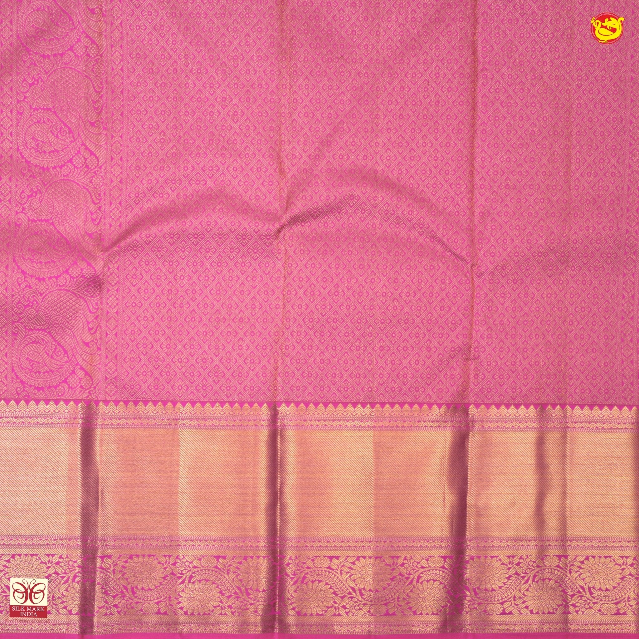 Pink With Checked Floral Motifs Gold Zari Border Pure Kanjivaram Subhalaya Wedding Silk Saree - Thenianantham