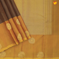 Dark Maroon With Mustard Motifs Gold Zari Checked Pure Kanjivaram Subhalaya Soft Silk Saree - Thenianantham