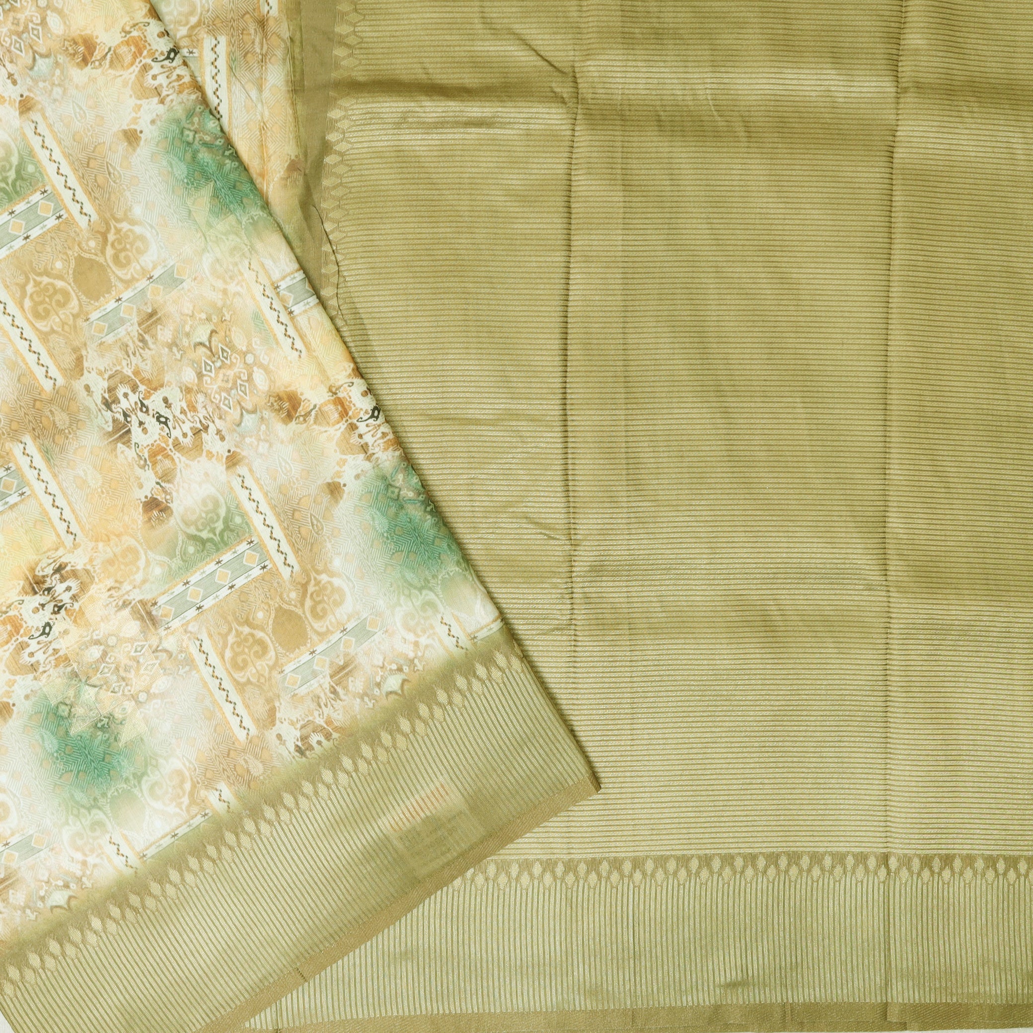 Olive Green With Sandel Floral Design Dola Silk