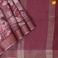 Light Maroon With Floral Design Zari Border Digital Print Semi Linen Saree