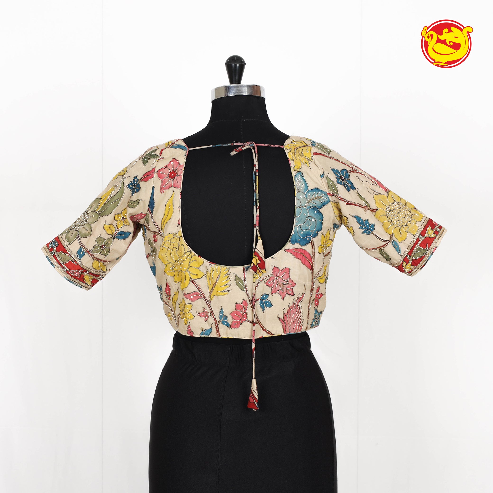 Hand painted kalamkari silk blouse with handwork detailing