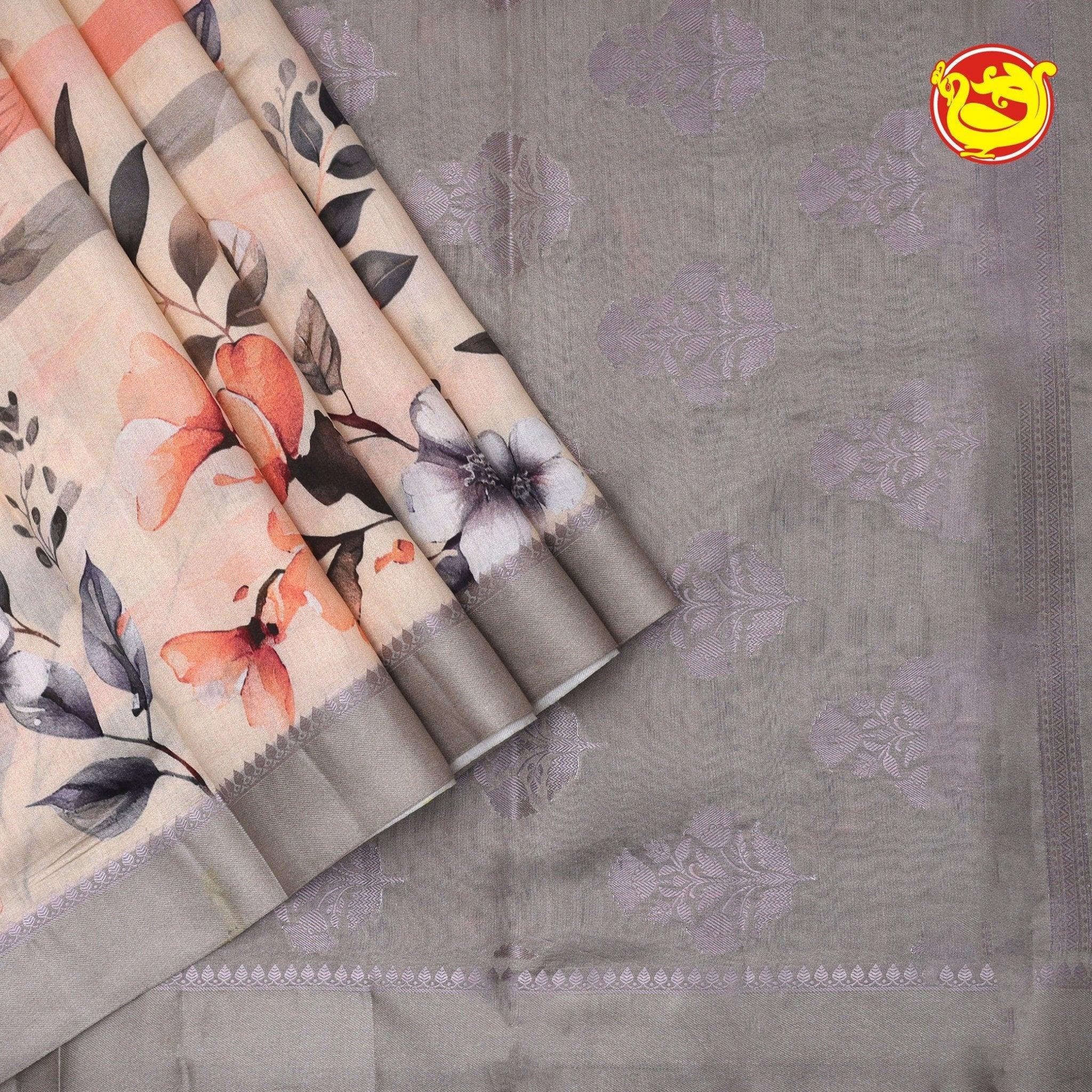 Dupion Cream Printed Saree With Floral Motifs,Zari Design Border & Intricate Pallu