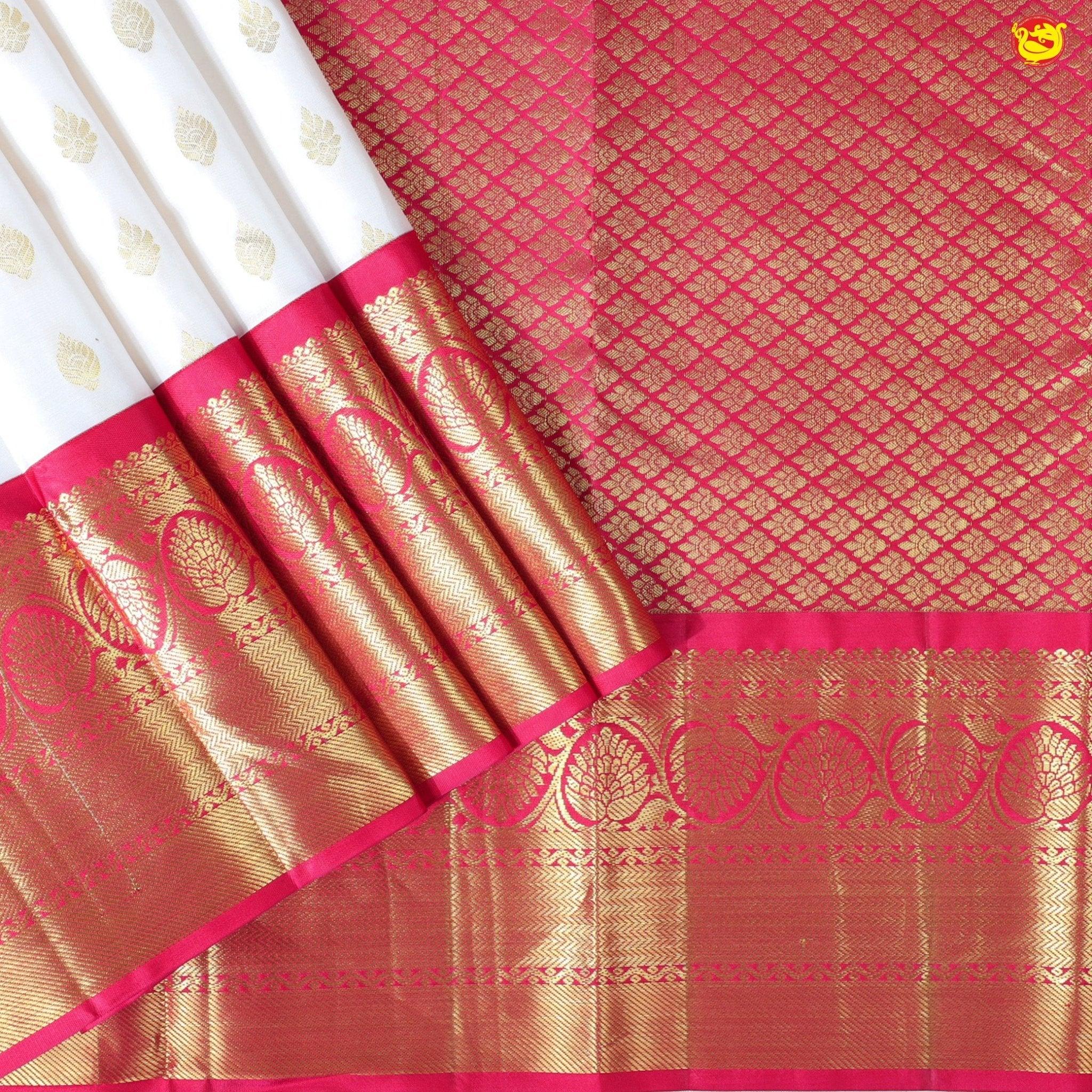 White With Maroon Floral Motifs Gold Zari Border Pure Kanjivaram Subhalaya Soft Silk Saree