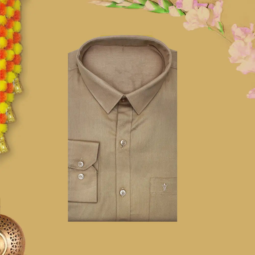 Sandel With White Cotton Readymade Shirt and Singel Matching Border Dhoti Set For Men