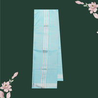 Couple Combo Tissue Silk Set – Men’s Shirt & Dhoti with Matching Women’s Saree With Aqua Blue With Silver Zari Border