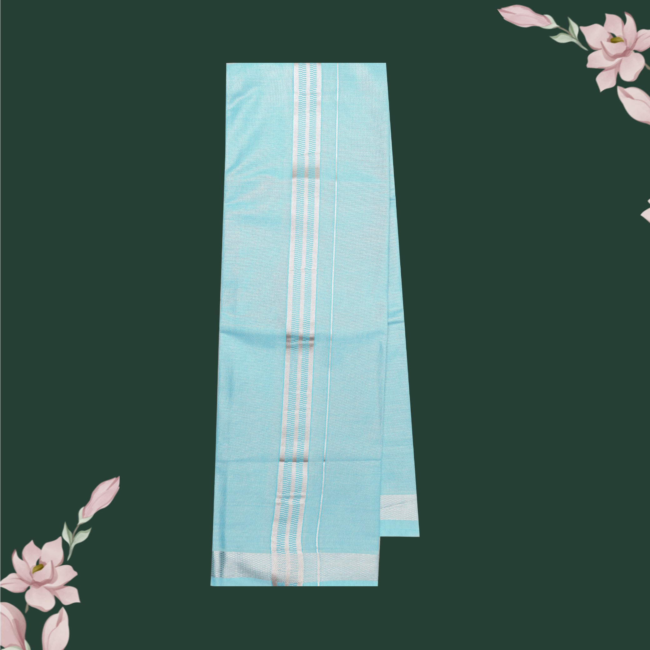 Couple Combo Tissue Silk Set – Men’s Shirt & Dhoti with Matching Women’s Saree With Aqua Blue With Silver Zari Border