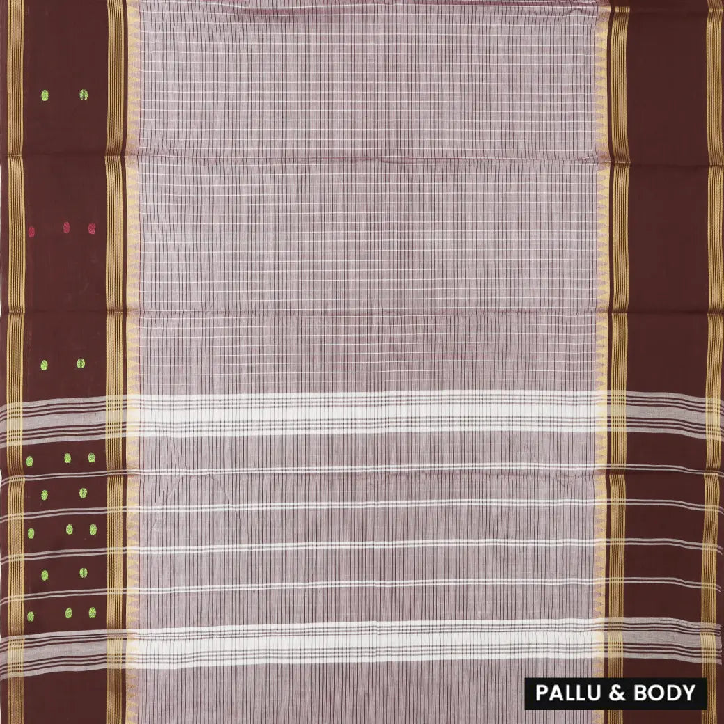 Light Gray with Maroon Small Checked Pattern Pure Chettinad Cotton Saree without Blouse