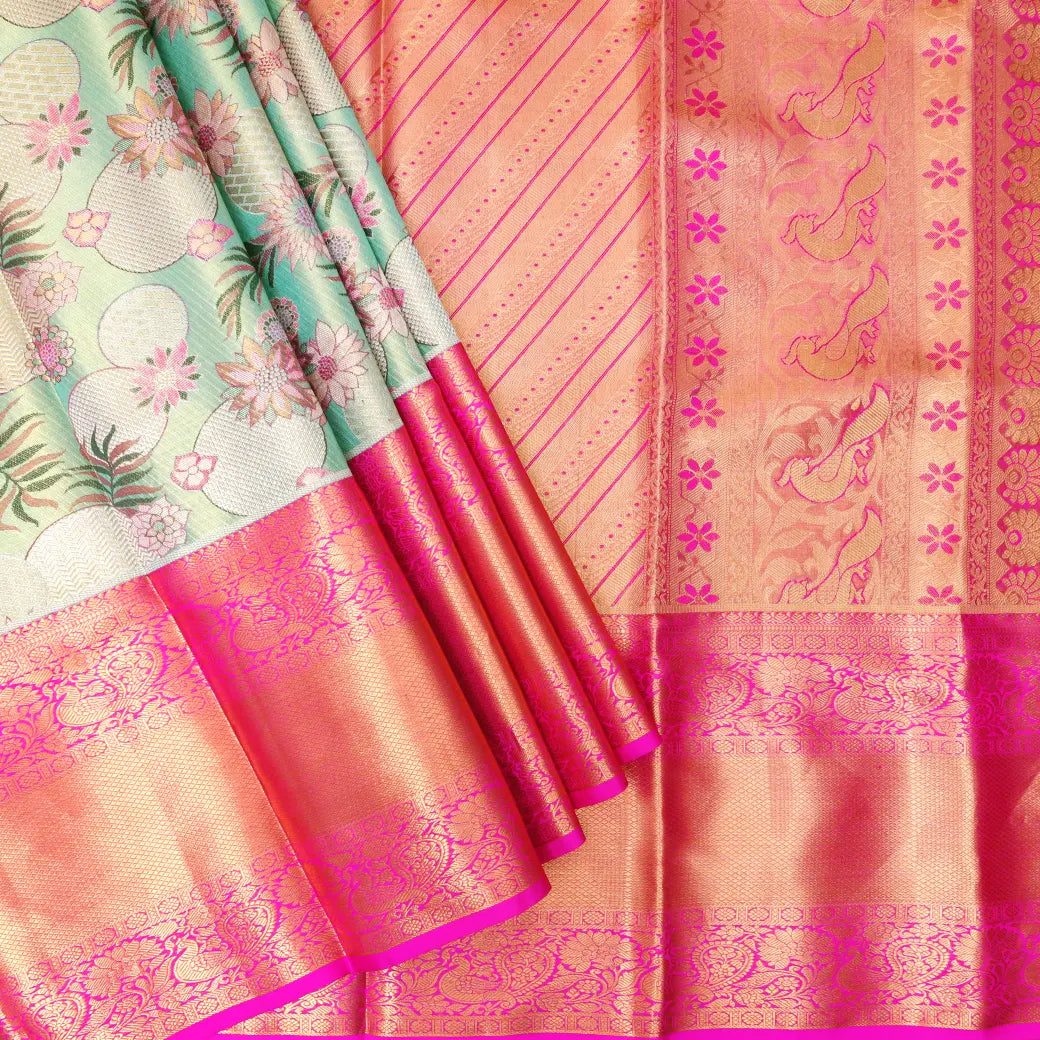 Pista Green & gold with Hot Pink pure Kanchipuram silk saree