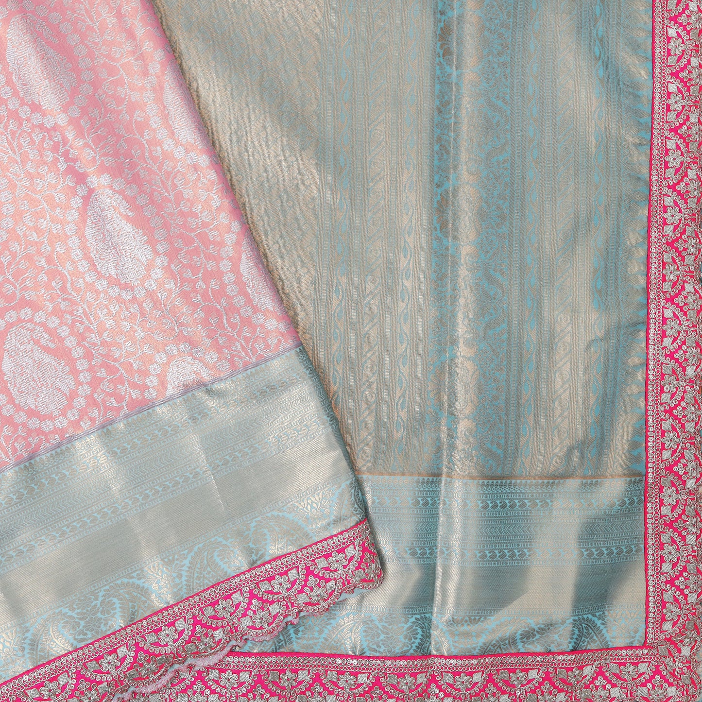 Peach With Sky Blue Floral Design Tissue Silk Saree