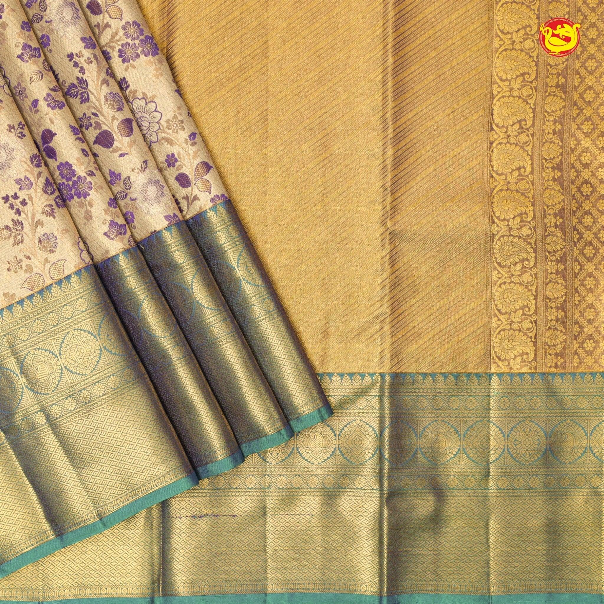 Golden Tissue With Peacock Green Floral Motifs Gold Zari Border Pure Kanjivaram Subhalaya Wedding Silk Saree - Thenianantham