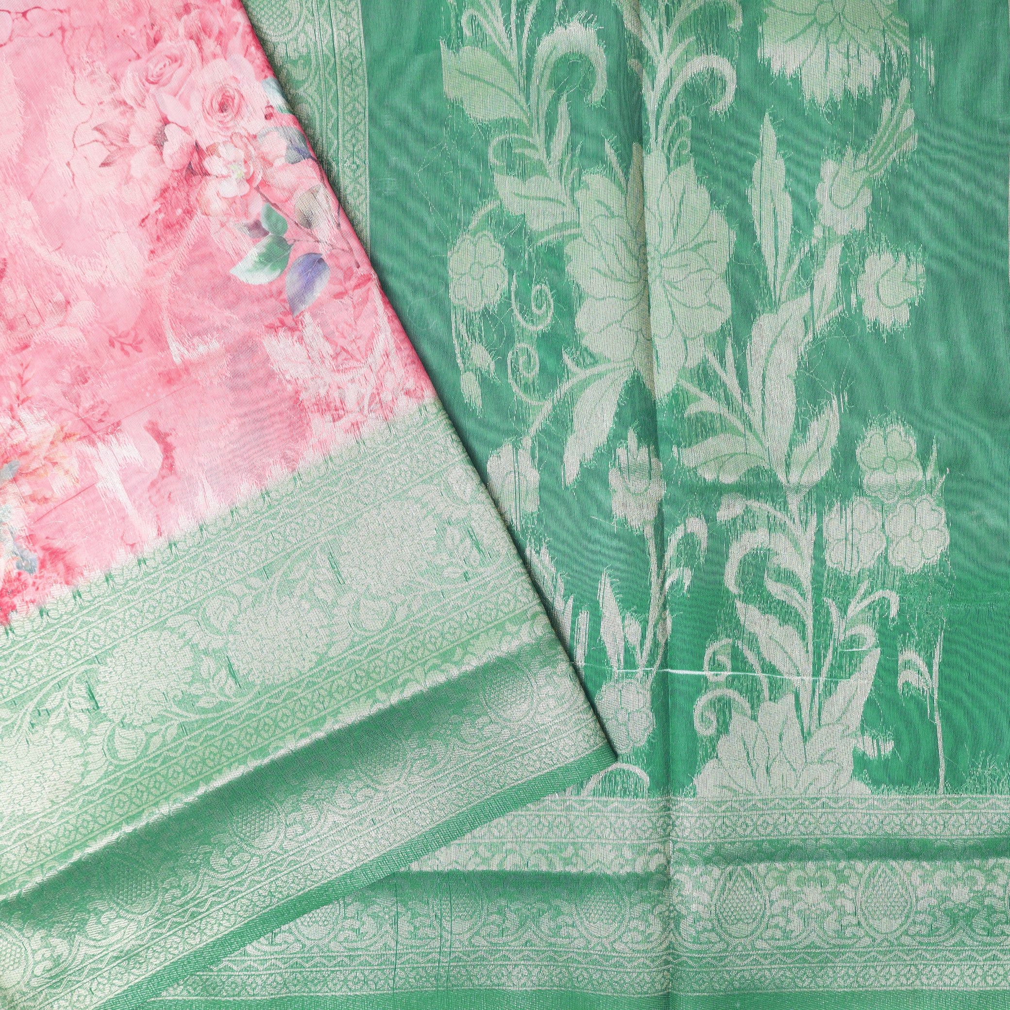 Bright Pink with Green Semi Burberry Silk Saree
