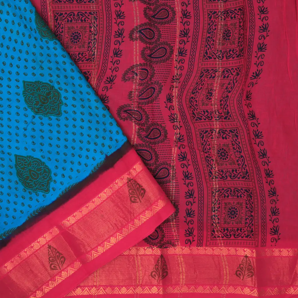 Cyan Blue with Pink Mul Mul Cotton Saree without Blouse