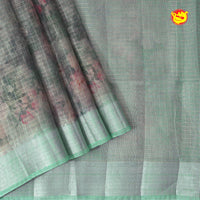 Light Pista Green with Silver Border Tissue Checks With Floral Digital Prints saree