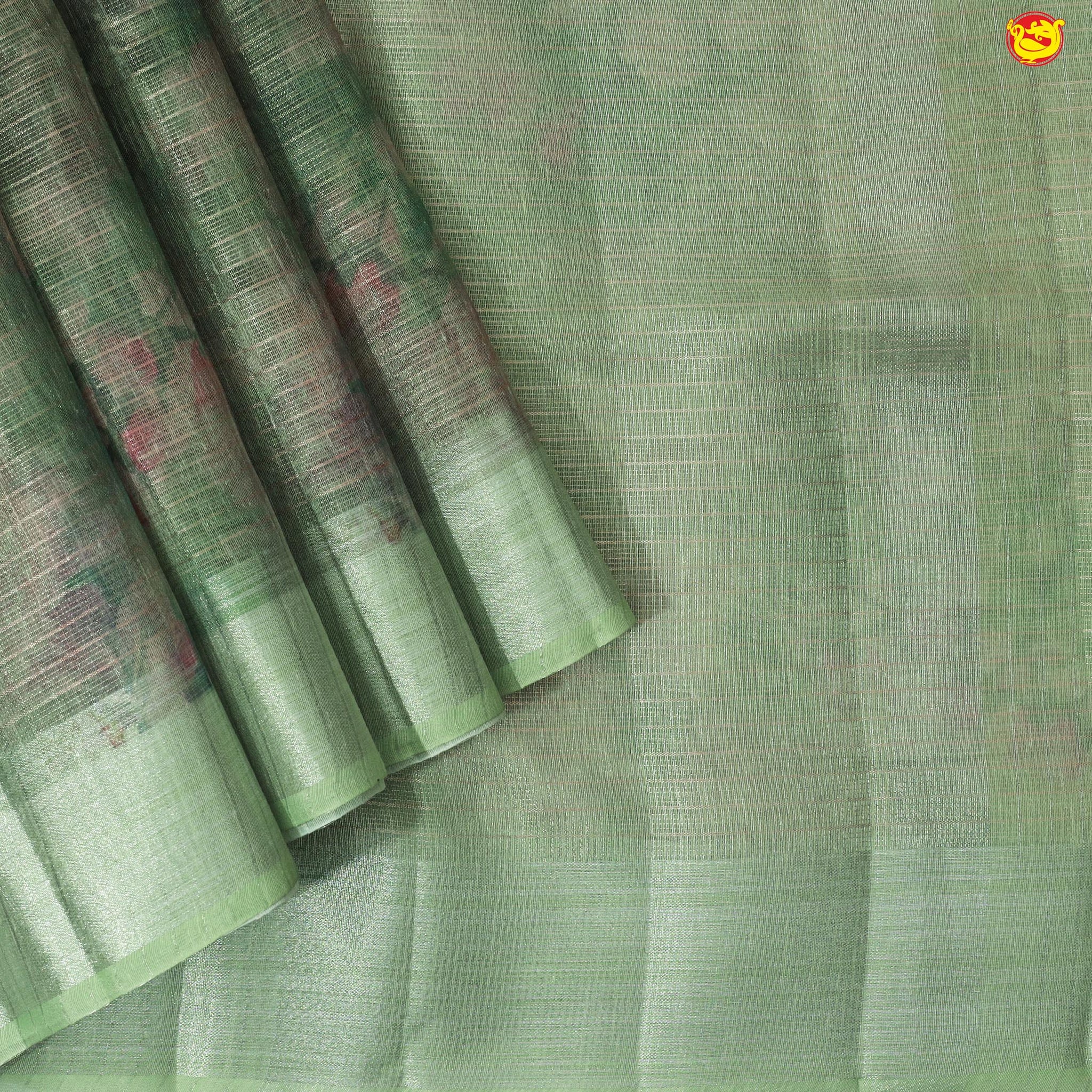 Light Green with Silver Border Tissue Checks With Floral Digital Prints saree