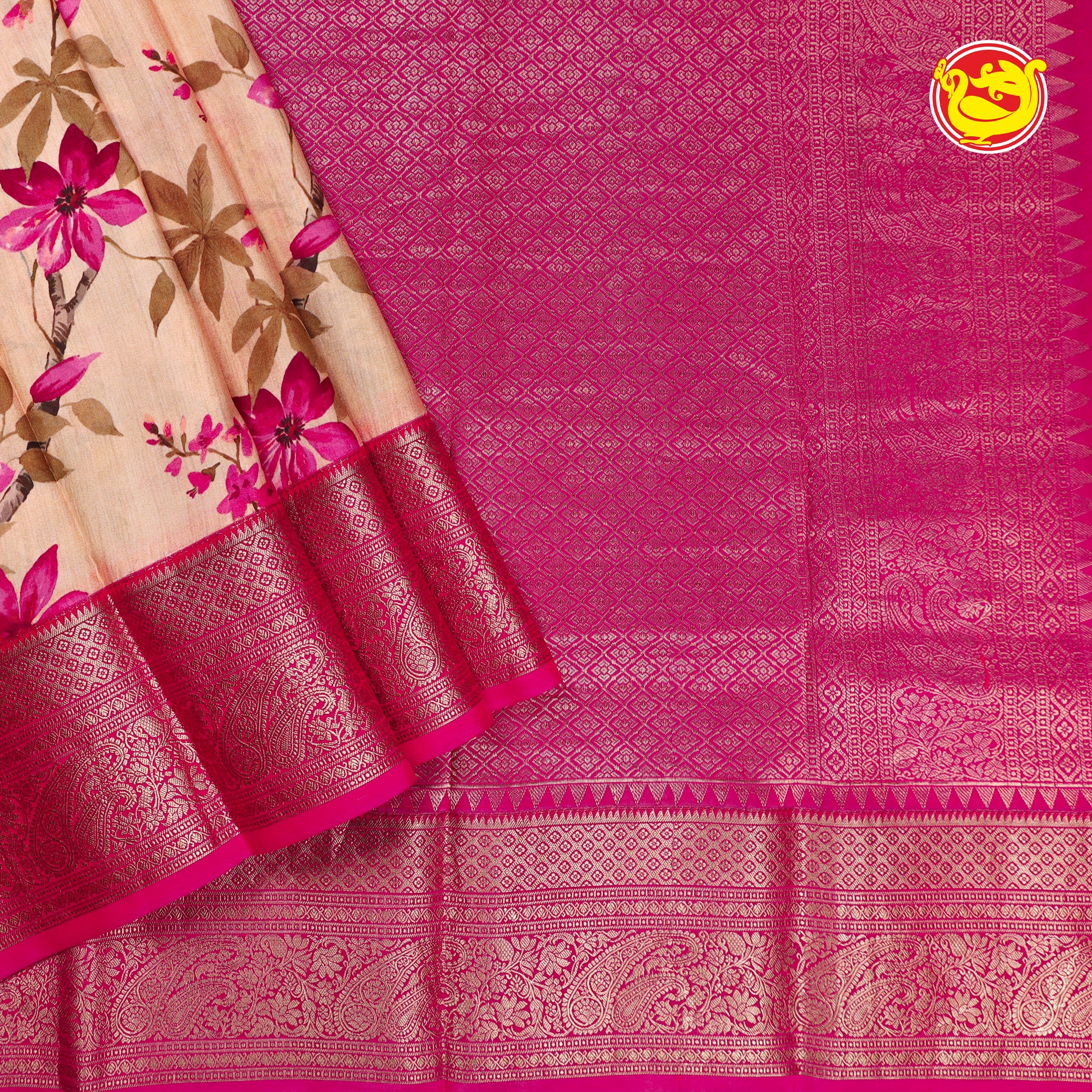 Light pink with Rani Digital printed pure Kanchivaram silk saree