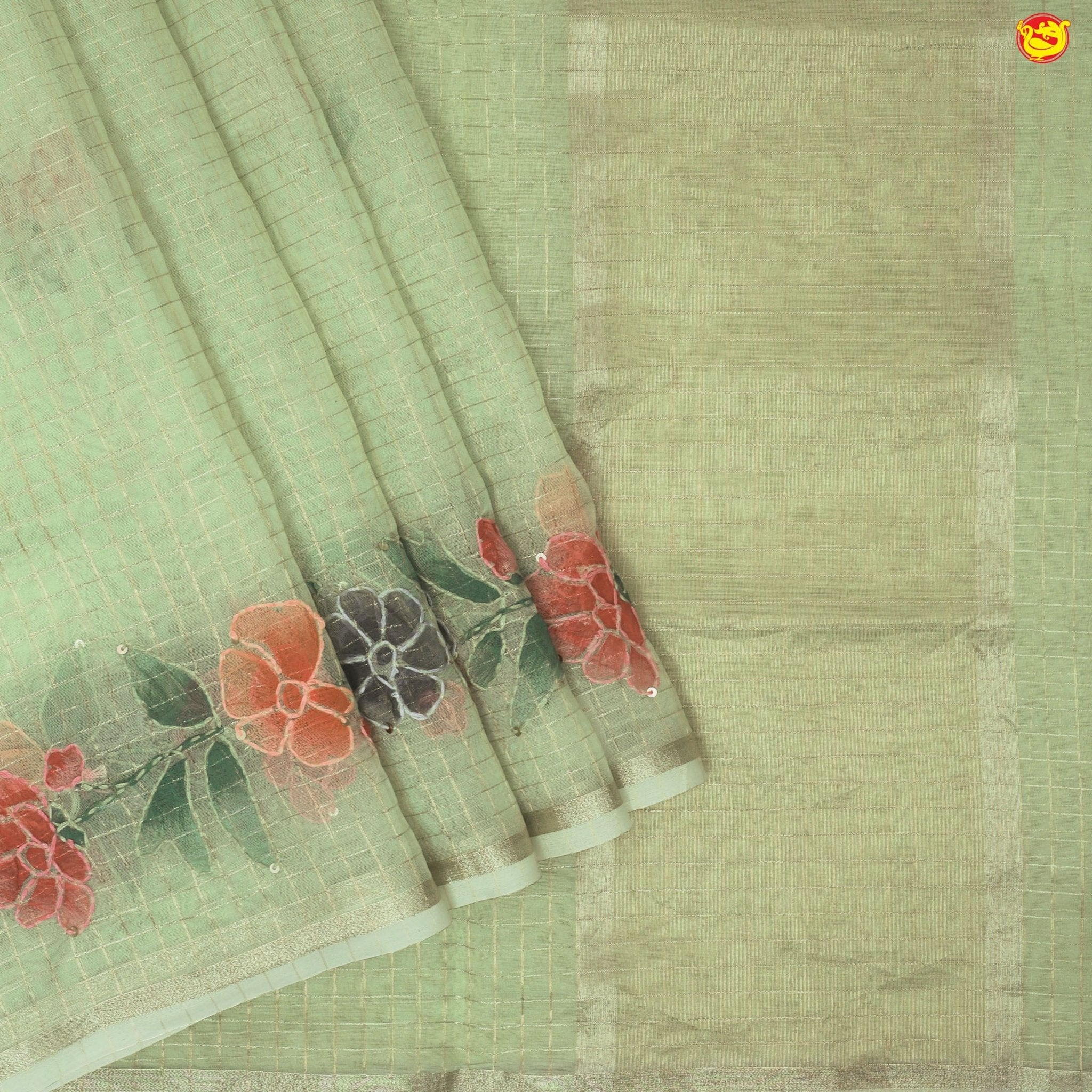 Light Pista Green With Organza Silk Floral Hand Embroidered Work Saree