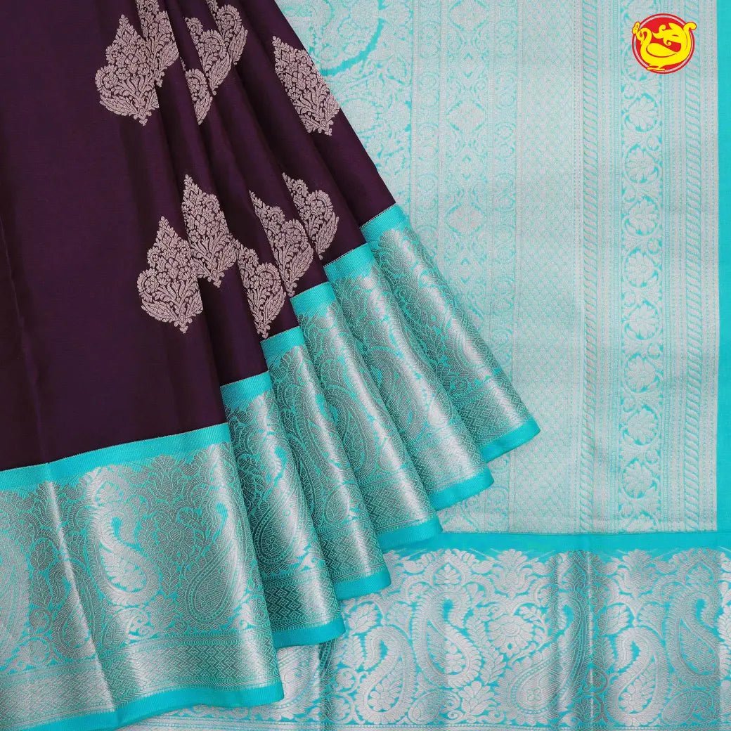 Coffee brown with turquoise blue pure soft silk saree