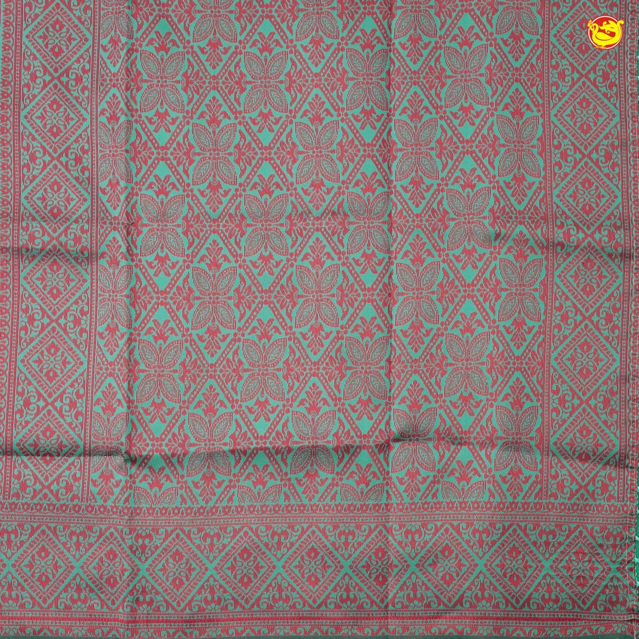 Tomato Pink With Rama Green Floral Design Copper Zari Semi Silk Set Sarees - Thenianantham