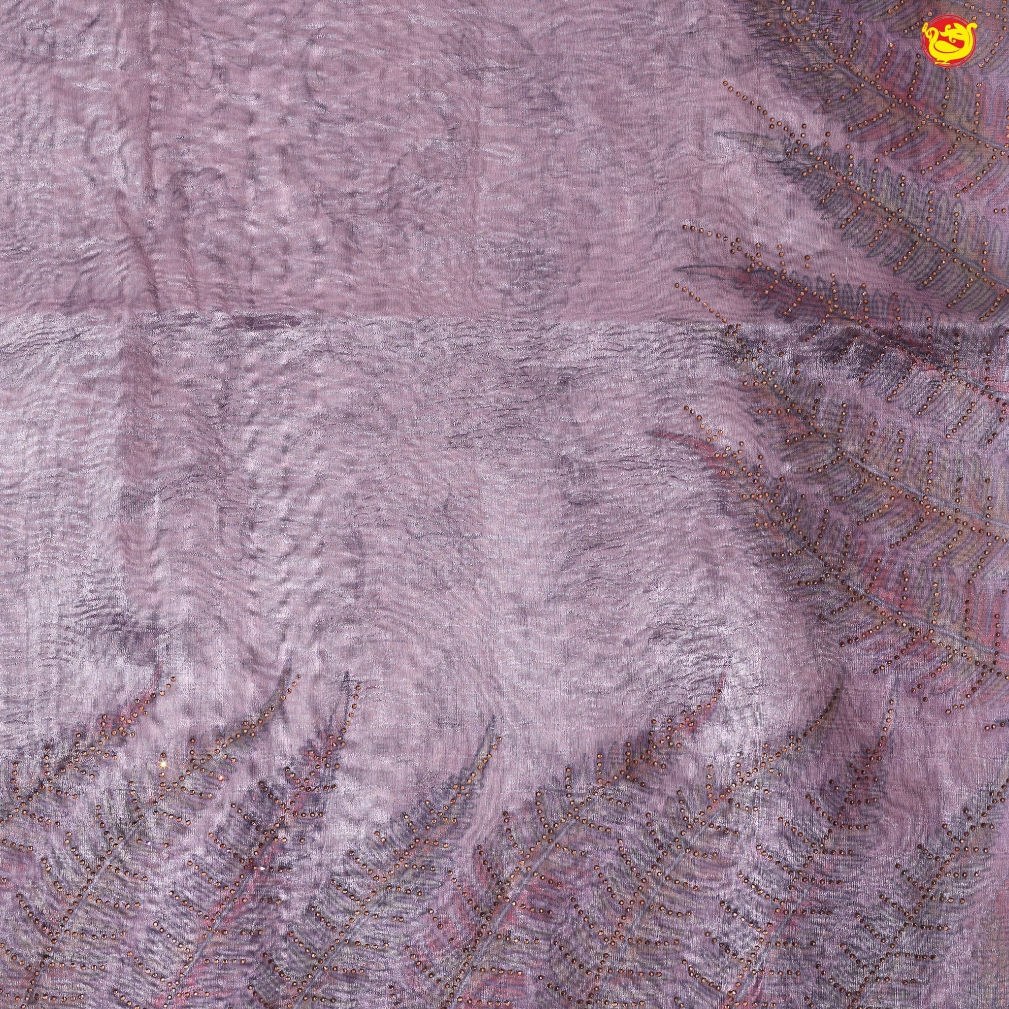 African Violet with Cutwork and Stonework Border With Floral Leaf Digital Prints Tissue Crush saree - Thenianantham