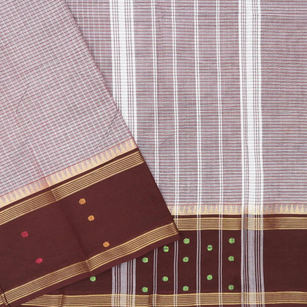 Light Gray with Maroon Small Checked Pattern Pure Chettinad Cotton Saree without Blouse