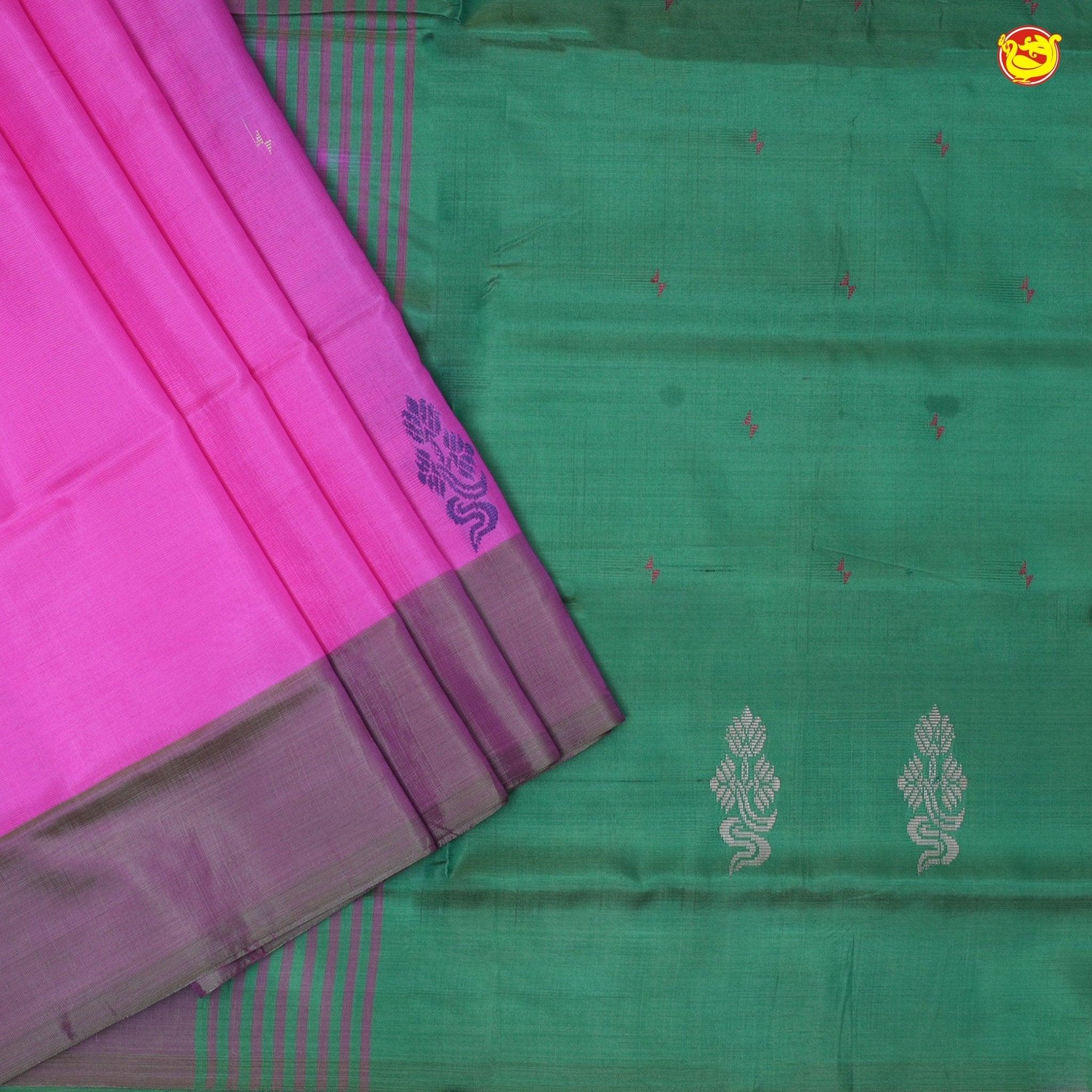 Green With Pink Pallu Banana Pith Saree With Running Blouse - Thenianantham