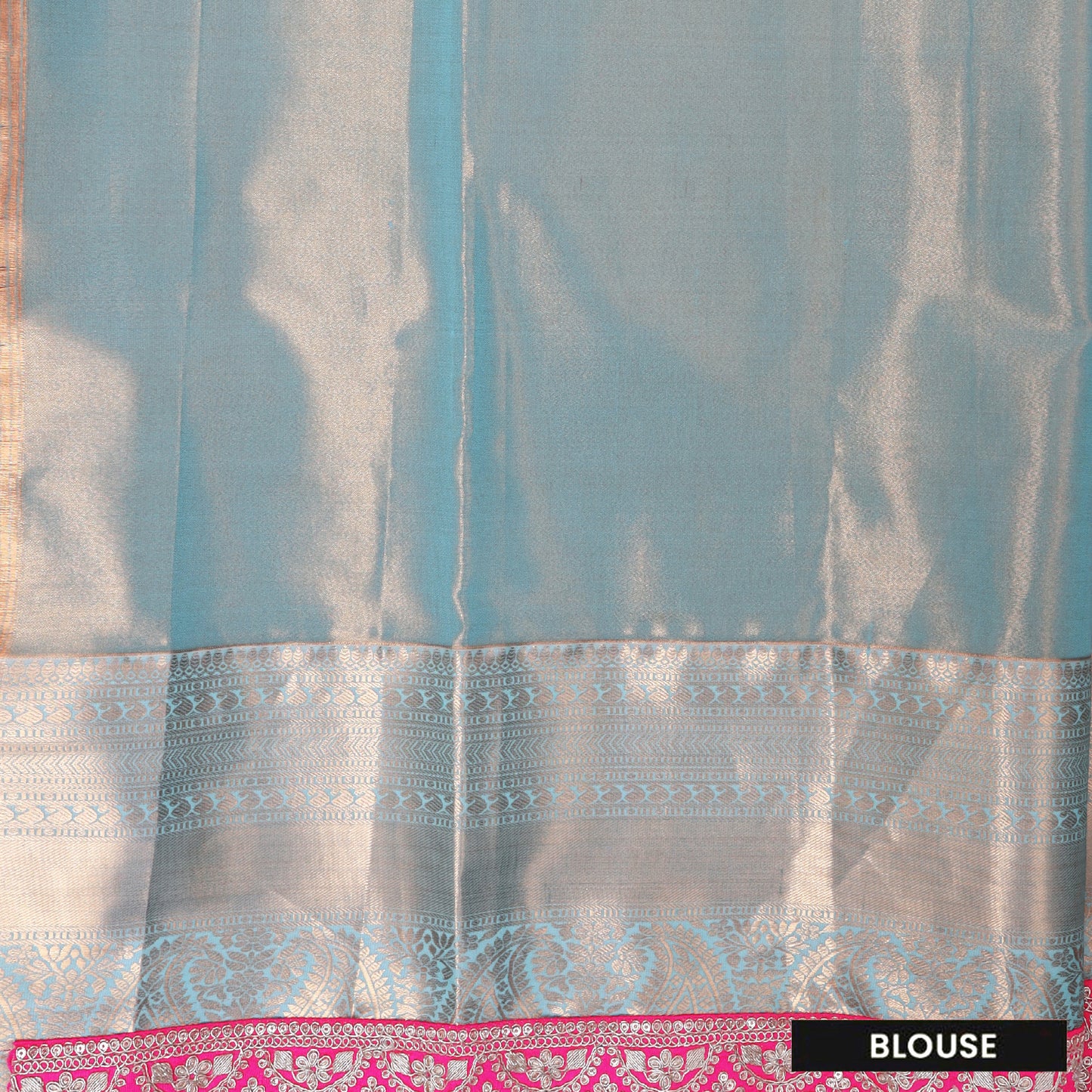 Peach With Sky Blue Floral Design Tissue Silk Saree