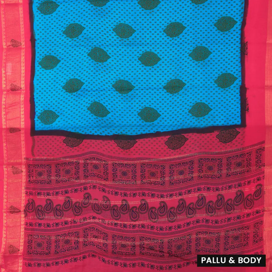 Cyan Blue with Pink Mul Mul Cotton Saree without Blouse