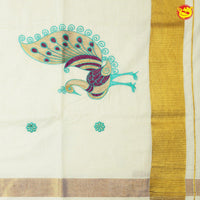 Southloom Exclusive Onam Kasavu Saree With Peacock Design High Quality Embroidery Across Body (Matching Plain Blouse Included) - Thenianantham