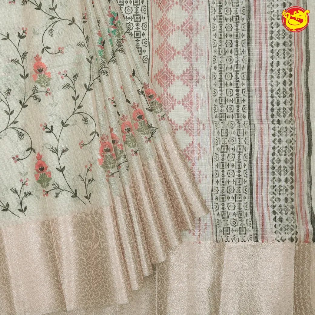 Cream linen tissue saree with embroidery details