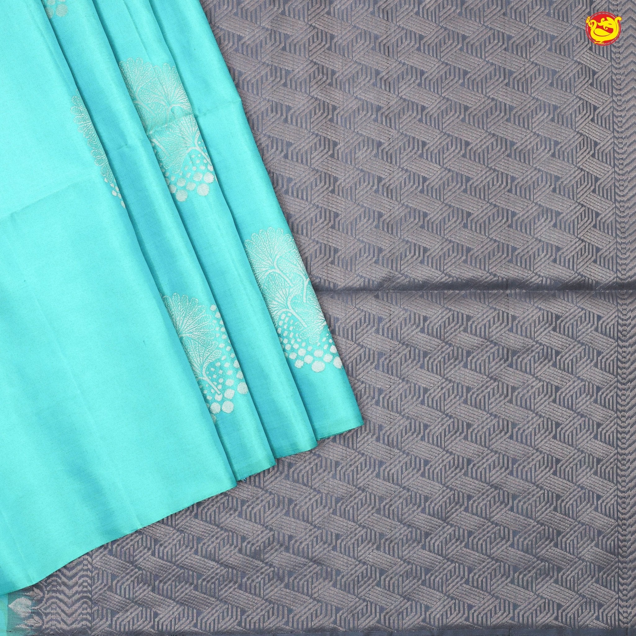 Sky Blue With Grey Floral Buttas Motifs Silver Zari Pure Kanjivaram Yuvana Soft Silk Saree