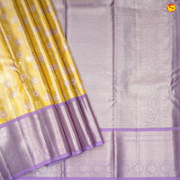 Tissue Golden Yellow With Lavender Floral Motifs Gold Zari Border Pure Kanjivaram Subhalaya Wedding Silk Saree - Thenianantham