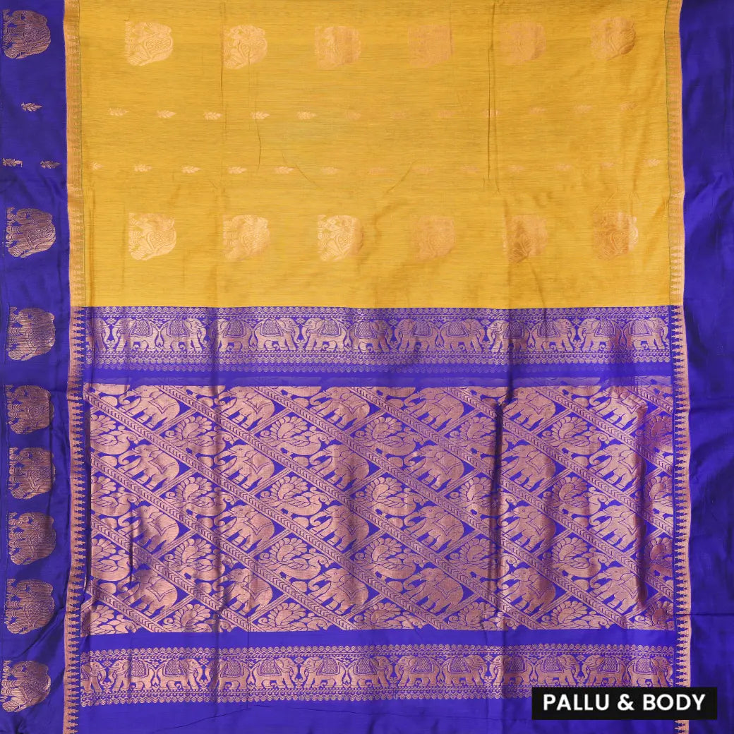 Yellow  With  Blue Premium Quality Kalyani Cotton Saree