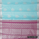 Couple Combo Tissue Silk Set – Men’s Shirt & Dhoti with Matching Women’s Saree With Aqua Blue With Silver Zari Border