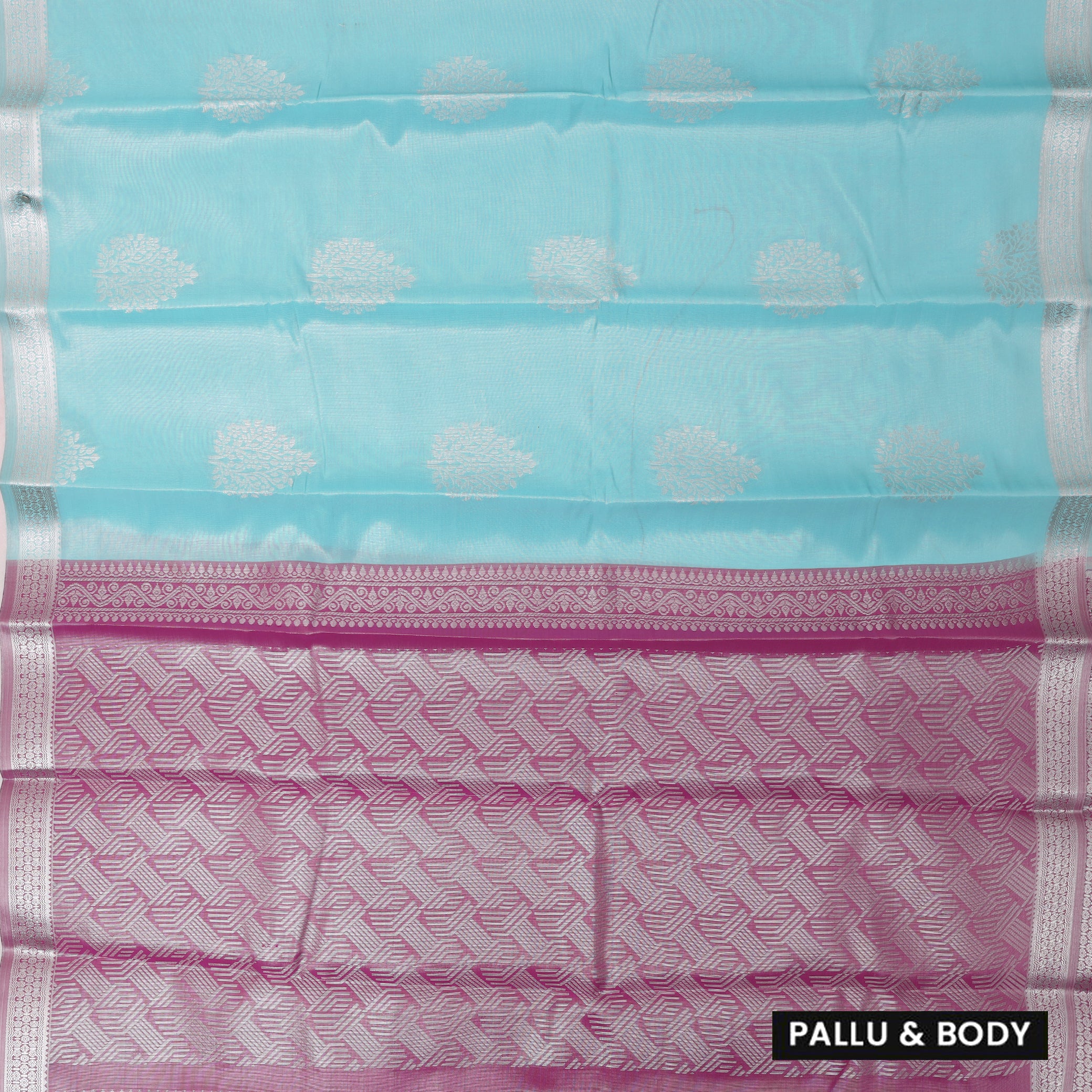 Couple Combo Tissue Silk Set – Men’s Shirt & Dhoti with Matching Women’s Saree With Aqua Blue With Silver Zari Border