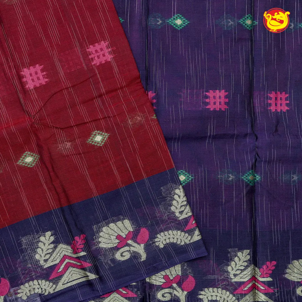 Maroon with Blue Pure Bengal Cotton Saree without Blouse