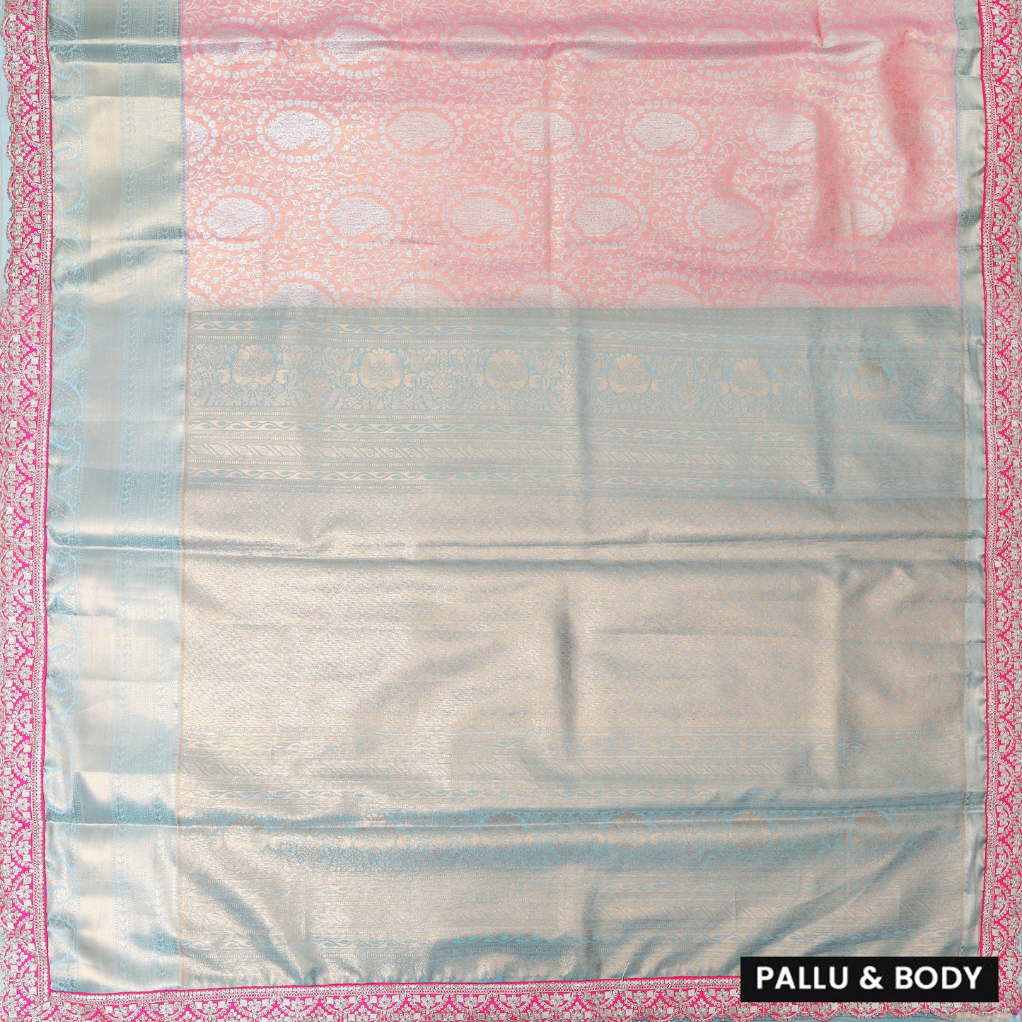 Peach With Sky Blue Floral Design Tissue Silk Saree