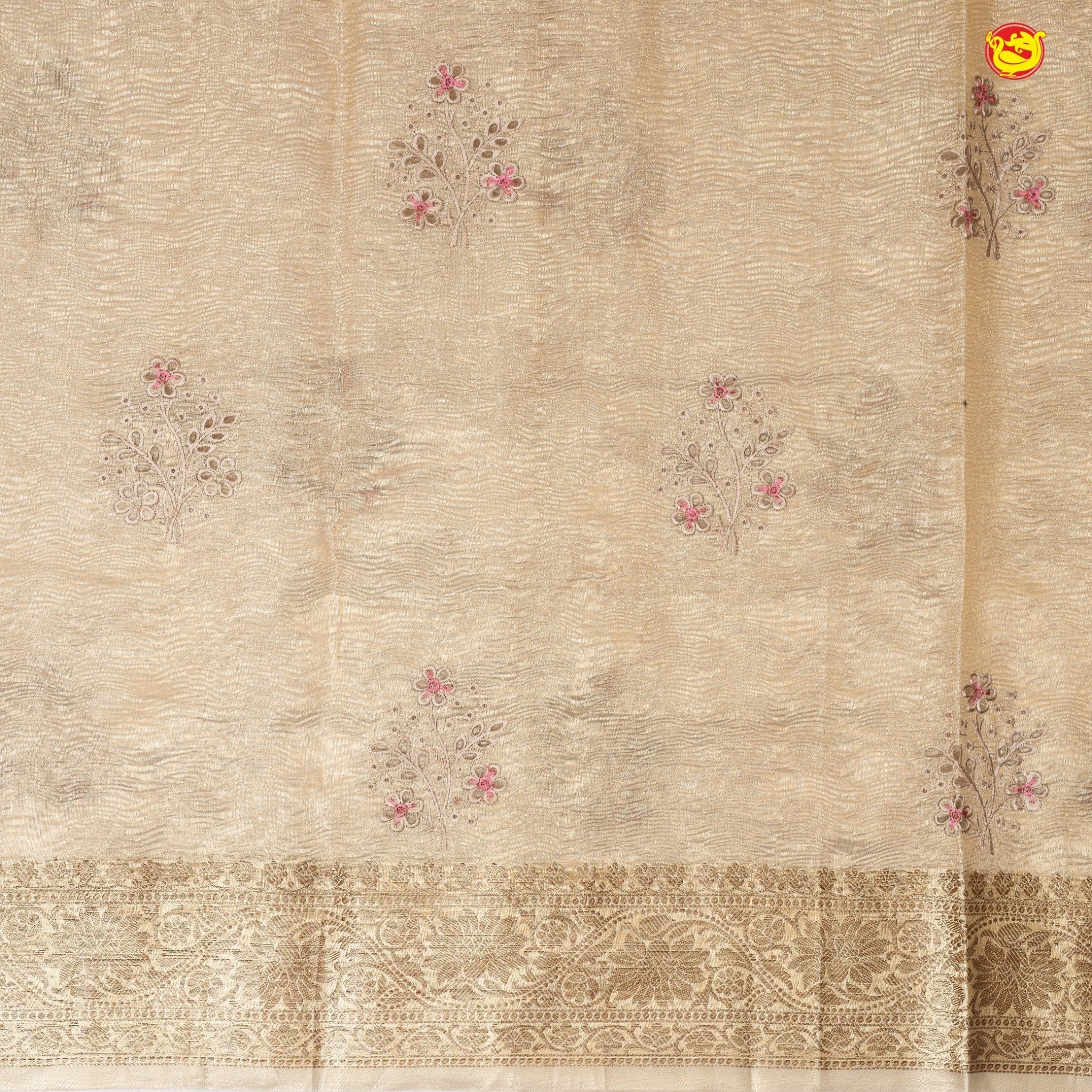 Gold With Gold Zari Border Tissue Crush With Floral Thread Embroidery Work Saree - Thenianantham